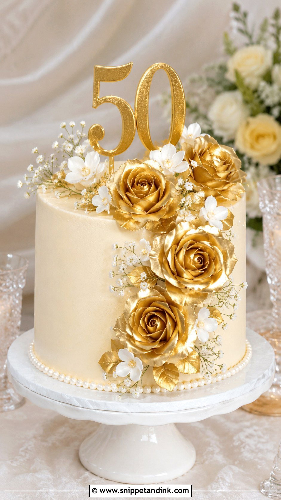 Gold Rose 50th Wedding Anniversary Cake - Snippet and Ink - 20 50th Wedding Anniversary Cake Ideas