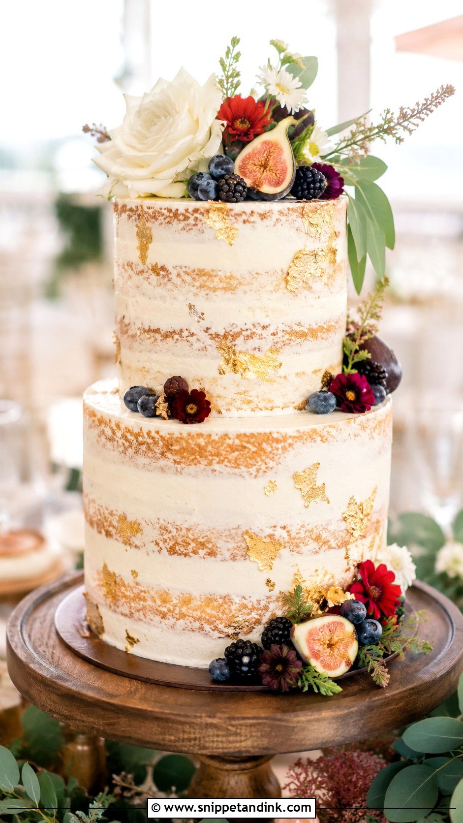 Gold Semi Naked Wedding Cake - Snippet and Ink - 20 Gold Themed Cake Ideas for Wedding