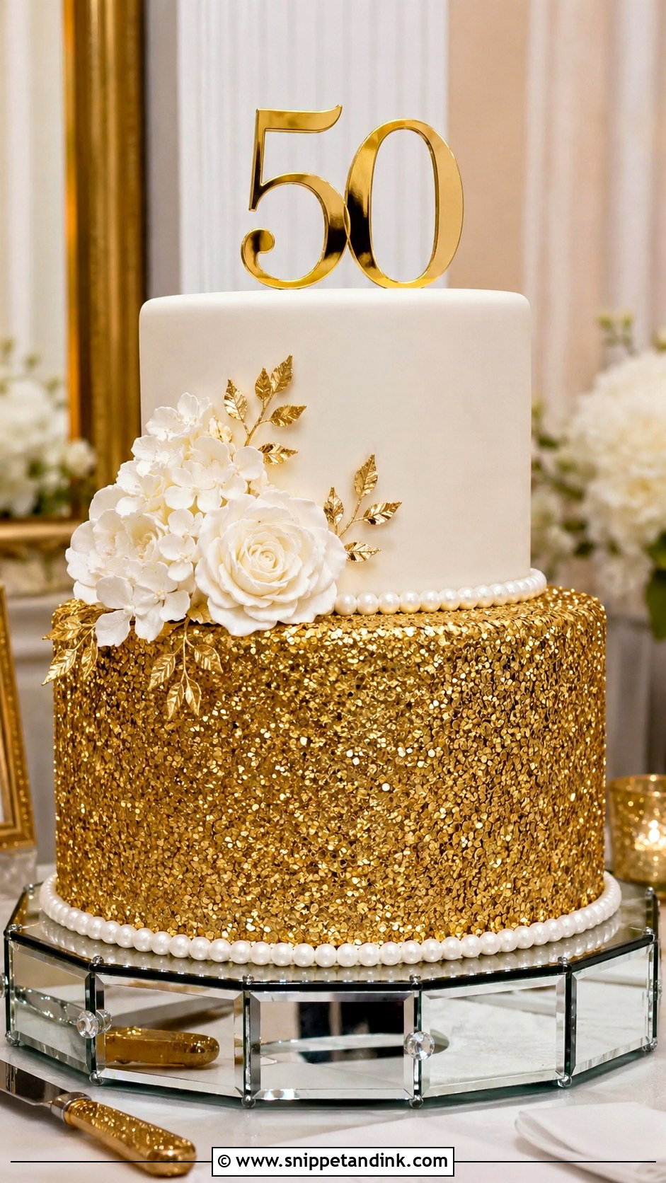 Gold Sequin 50th Anniversary Cake - Snippet and Ink - 20 Gold 50th Wedding Anniversary Cakes