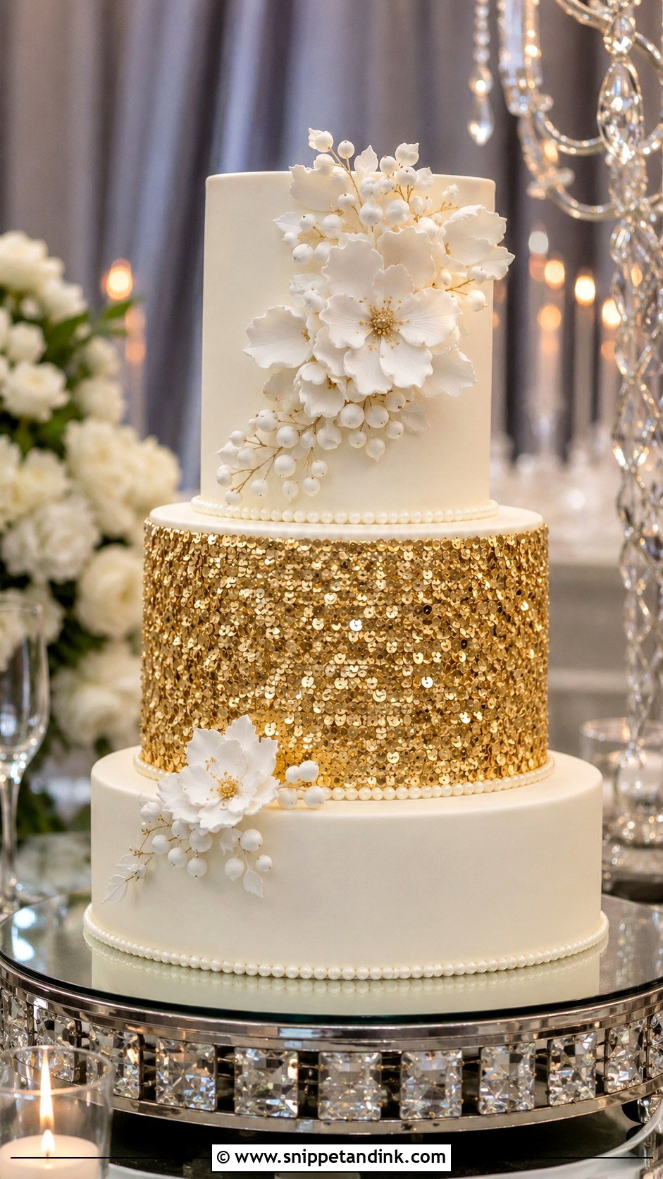 Gold Sequin Wedding Cake - Snippet and Ink - 20 Golden Cake Ideas for Wedding