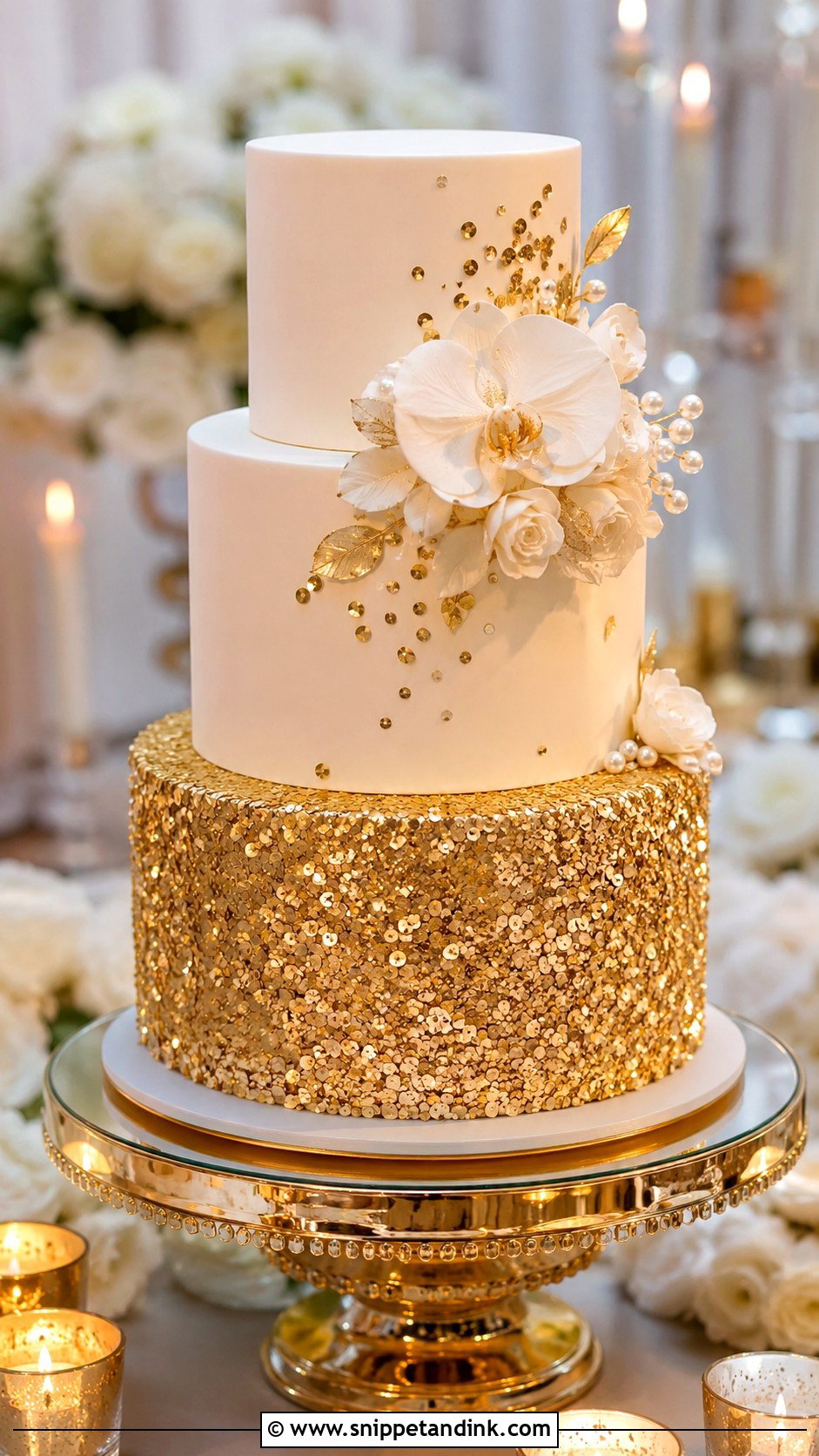 Gold Sequin Wedding Cake - Snippet and Ink - 20 Cake Ideas with Gold for Wedding