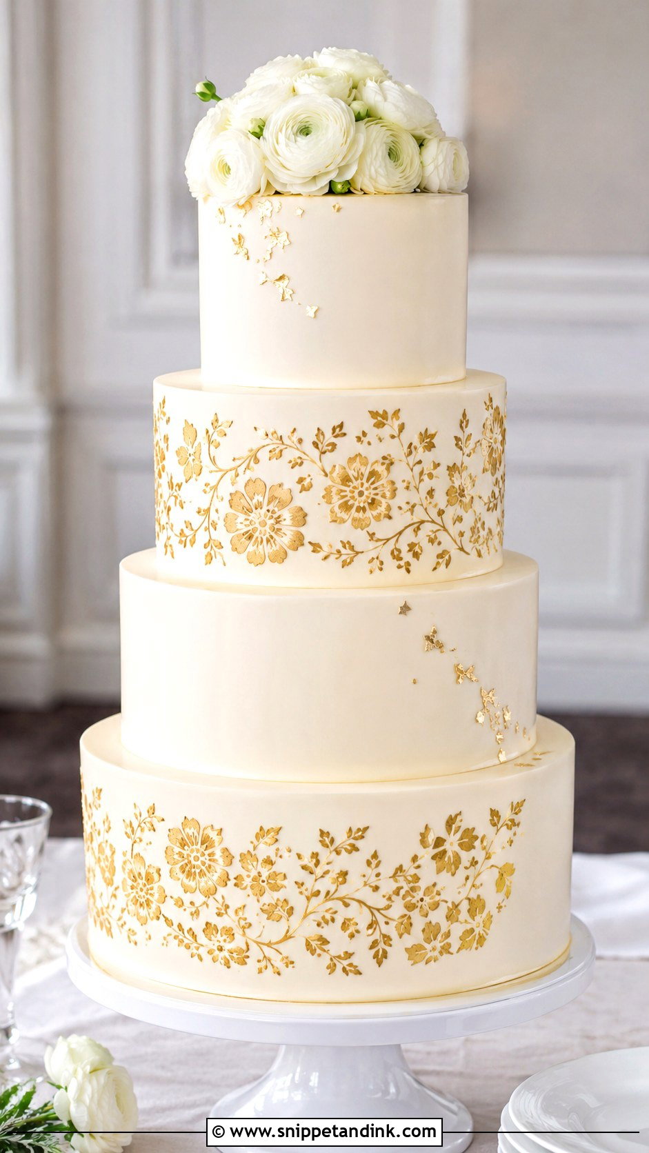 Gold Stencil 4 Tier Wedding Cake - Snippet and Ink - 25 Elegant Gold 4 Tier Wedding Cake Ideas