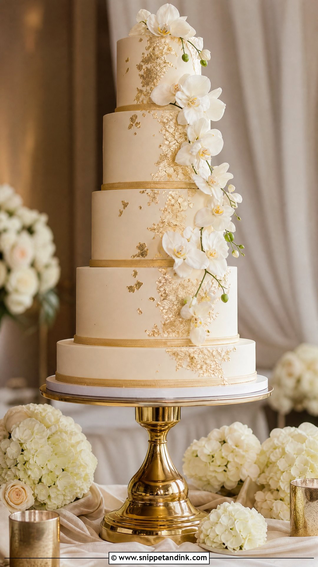 Gold Tall Wedding Cake - Snippet and Ink - 35 Gold Cake Ideas for Wedding