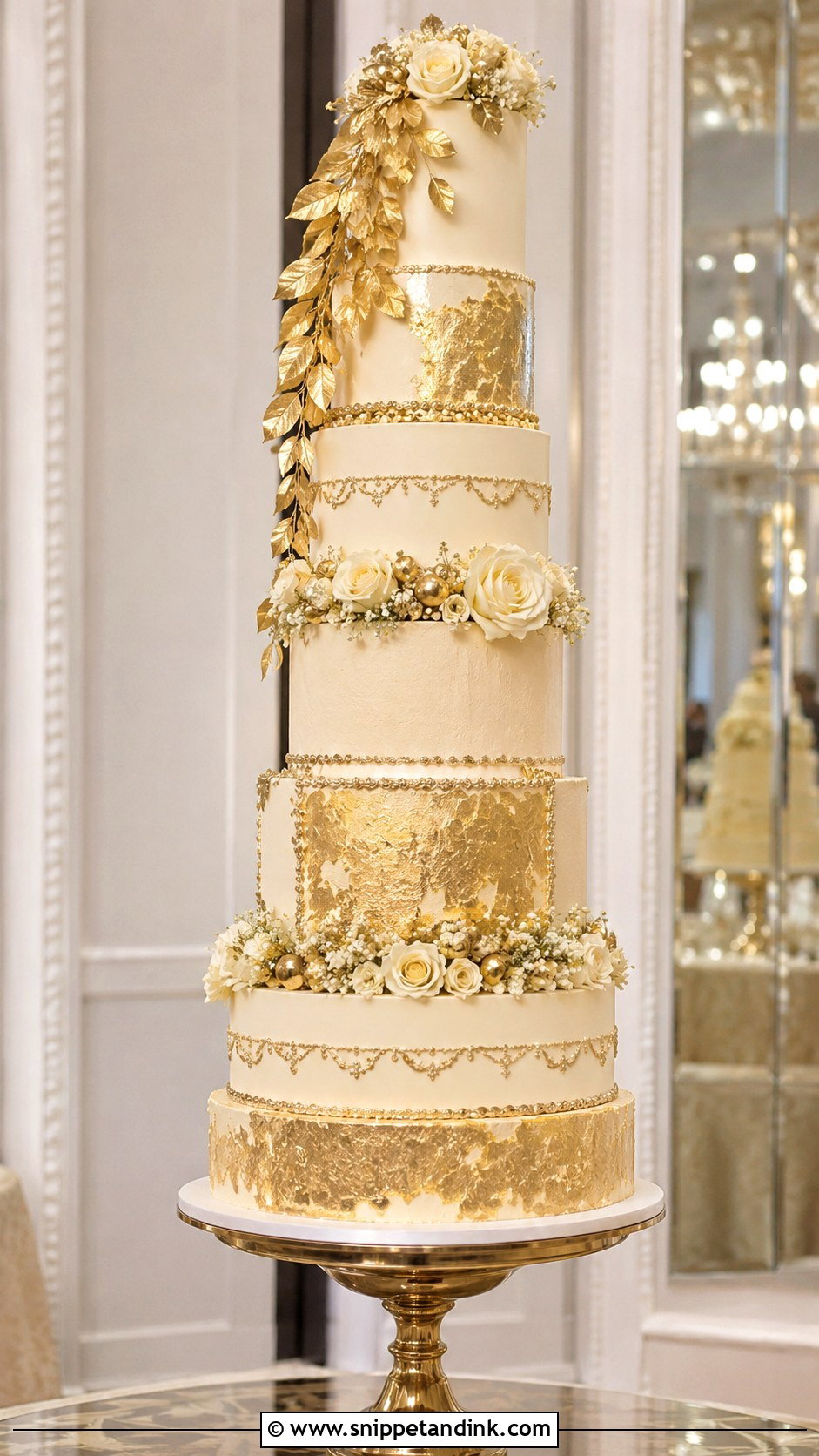 Gold Tall Wedding Cake - Snippet and Ink - 20 Gold Themed Cake Ideas for Wedding