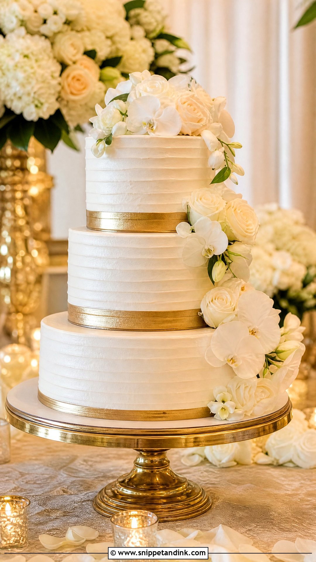 Gold Three Tier Wedding Cake - Snippet and Ink - 35 Gold Cake Ideas for Wedding
