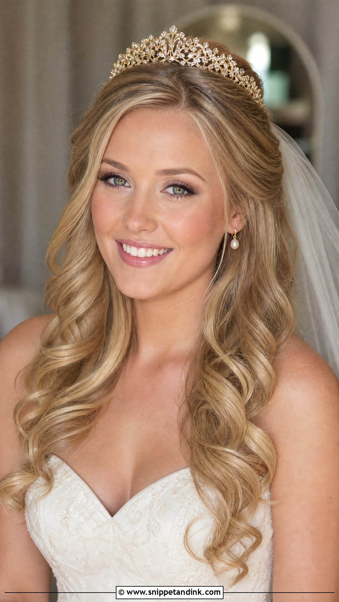 Gold Tiara With Classic Bridal Curls - Snippet and Ink - 15 Gold Hair Accessories Wedding Ideas