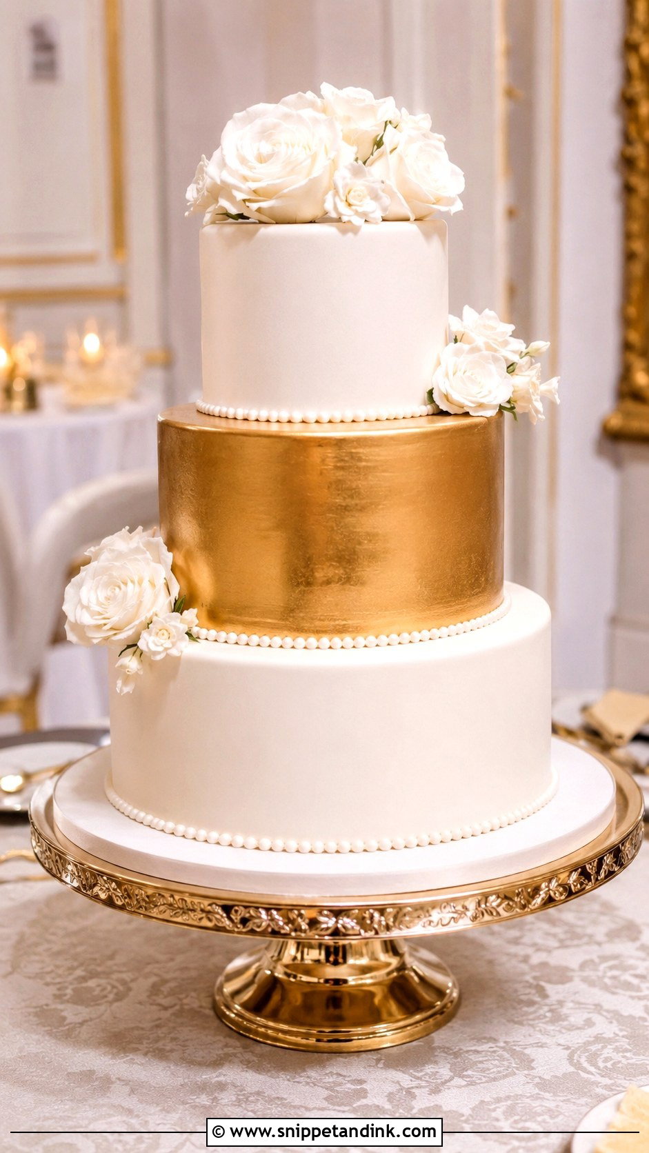 Gold Tier Wedding Cake - Snippet and Ink - 20 Golden Cake Ideas for Wedding