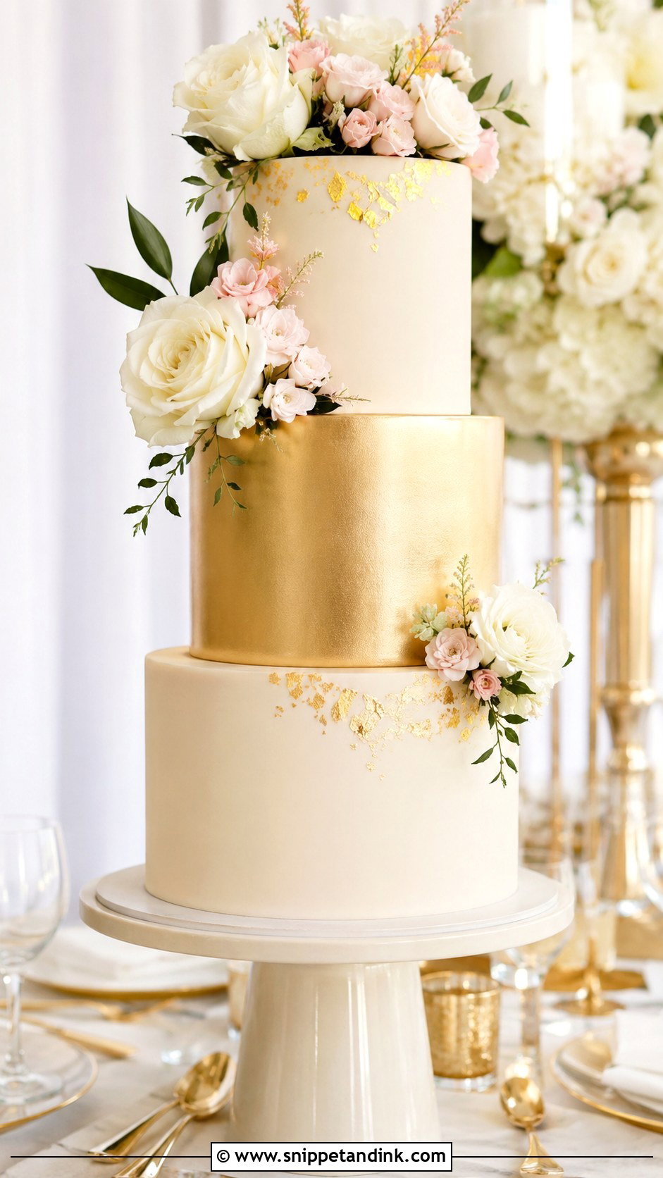 Gold Tier Wedding Cake - Snippet and Ink - 20 Cake Ideas with Gold for Wedding