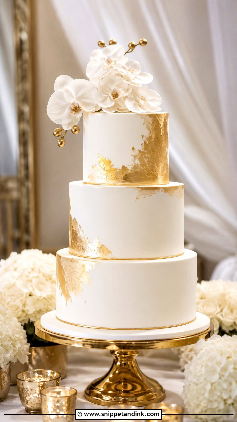 Gold Tiered Wedding Cake - Snippet and Ink - 30 Tiered Wedding Cake Ideas