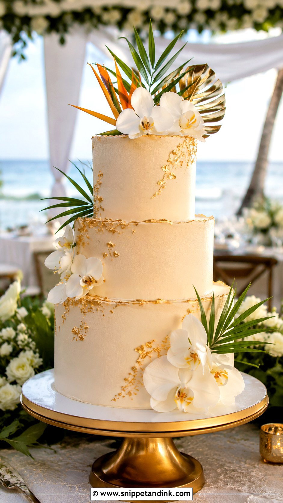 Gold Tropical Wedding Cake - Snippet and Ink - 25 Tropical Beach Wedding Cake Ideas