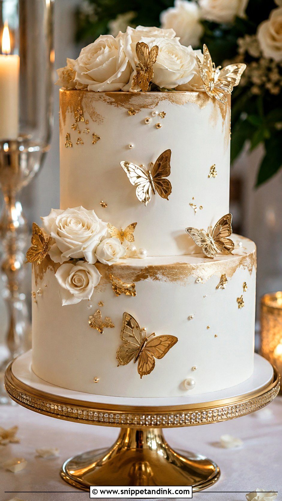 Gold Two Tier Butterfly Wedding Cake - Snippet and Ink - 20 Two Tier Butterfly Cake Ideas for Wedding