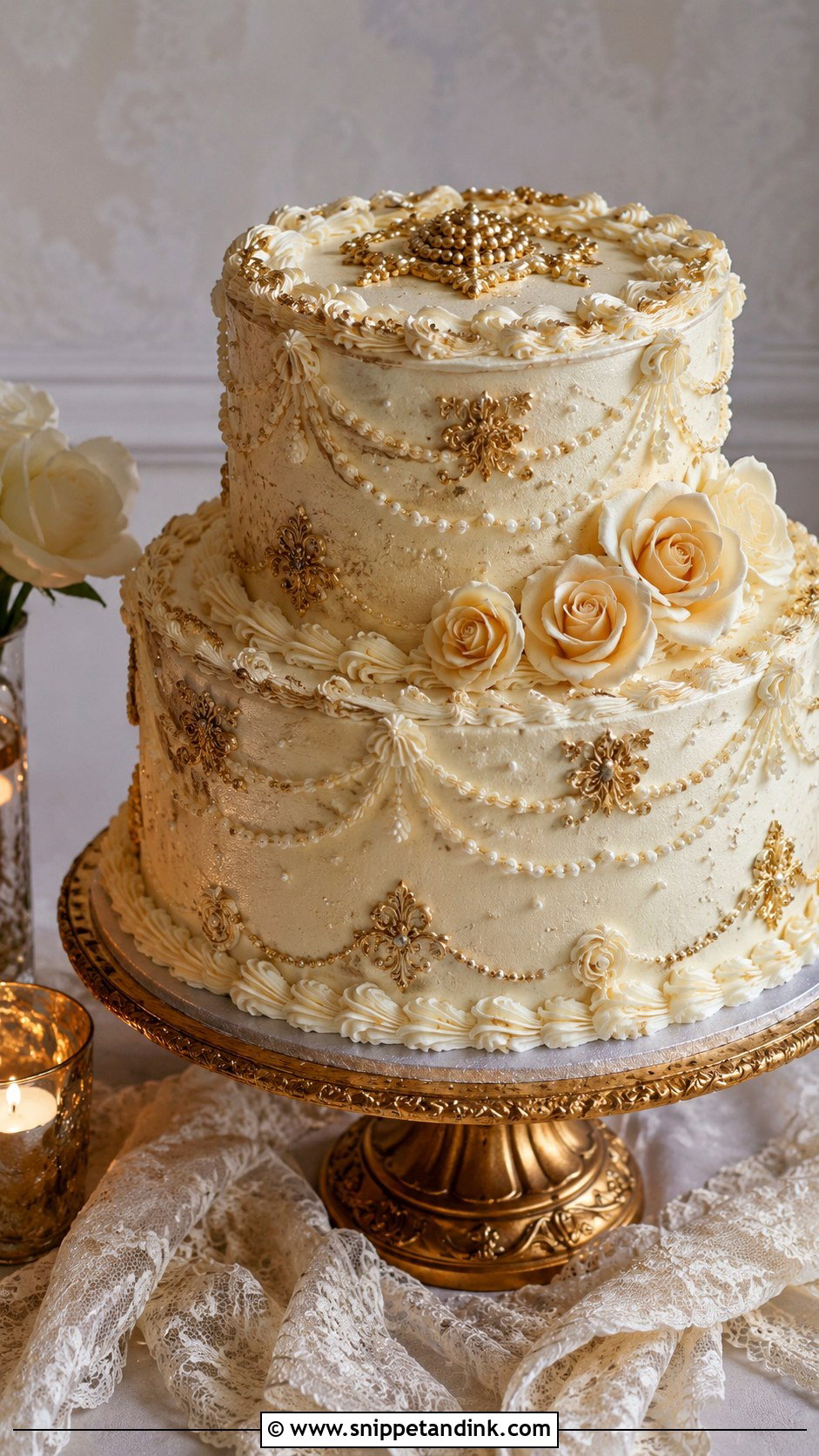Gold Vintage Wedding Cake - Snippet and Ink - 20 Gold Themed Cake Ideas for Wedding