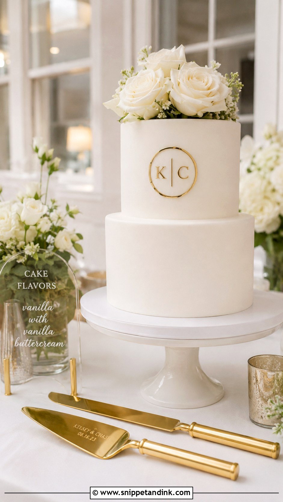 Gold Wedding Cake Knife With Modern White Cake - Snippet and Ink - 30 Wedding Cake Knife Decoration Ideas