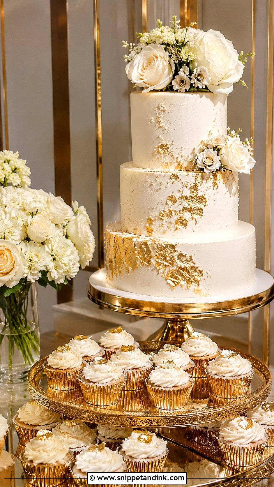 Gold Wedding Cake Table With Cupcakes - Snippet and Ink - 20 Wedding Cake Table Ideas with Cupcakes