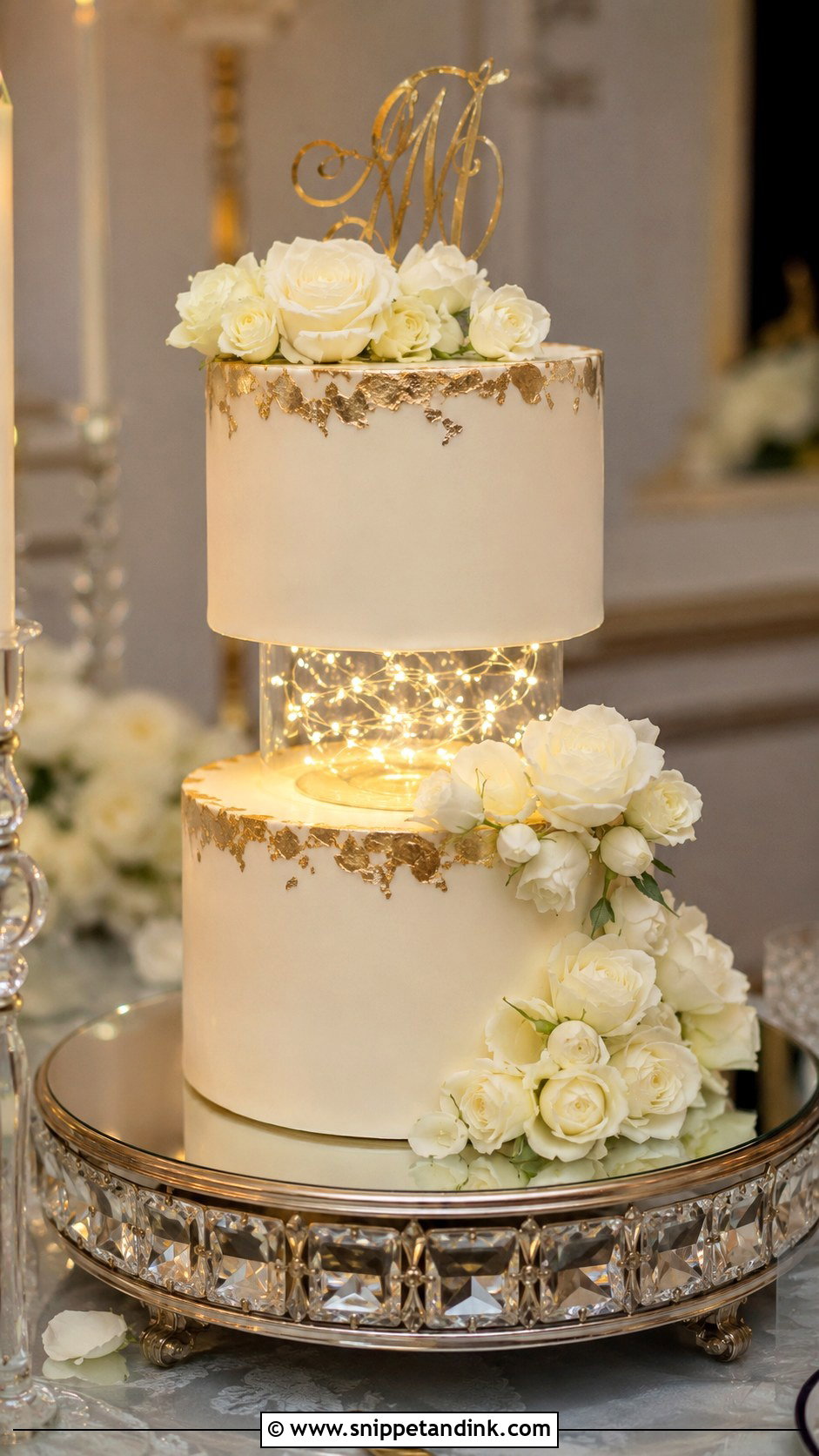 Gold Wedding Cake With Acrylic Separator - Snippet and Ink - 20 Wedding Cake Acrylic Separator Ideas