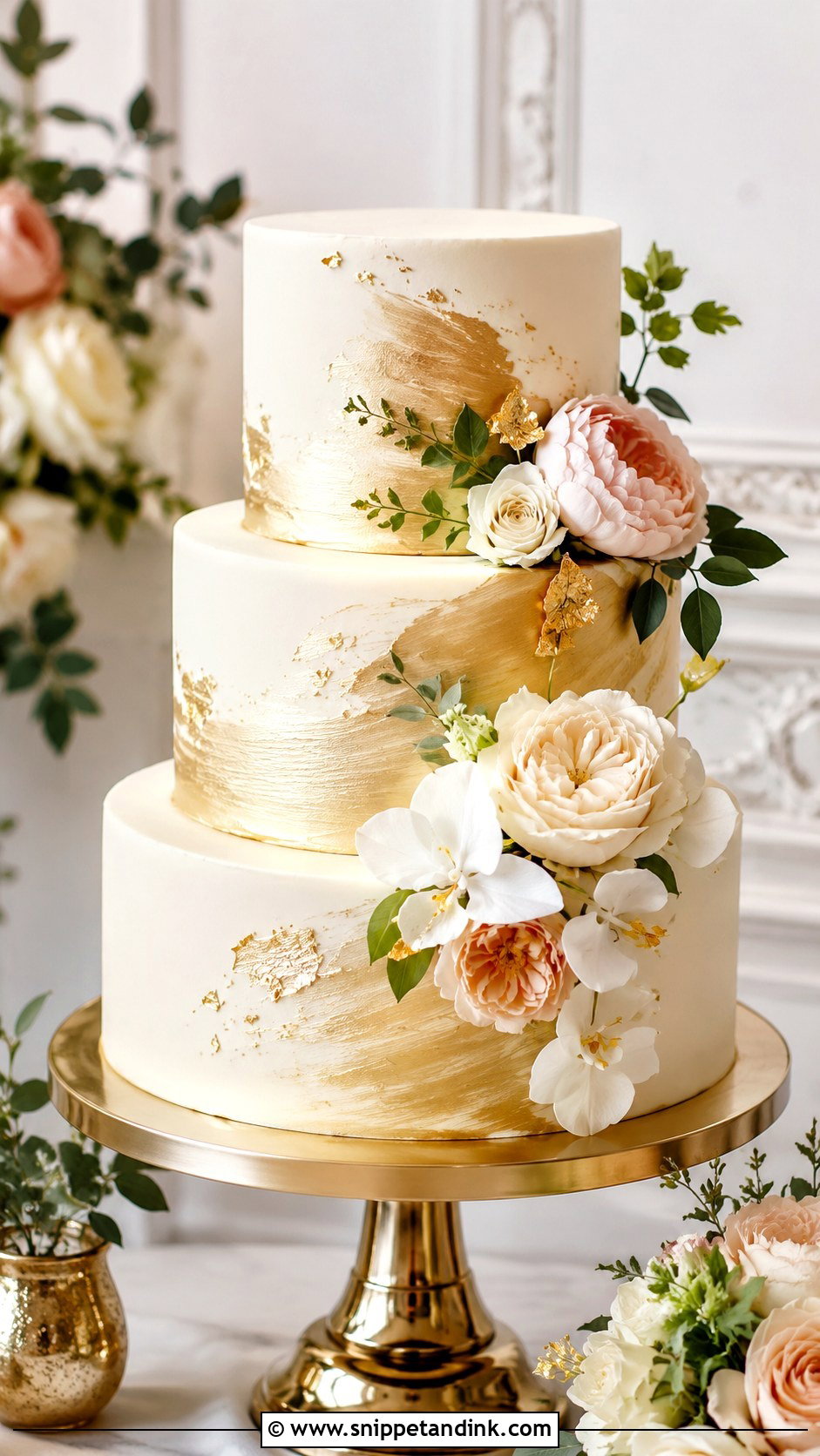 Gold Wedding Cake With Artificial Flowers - Snippet and Ink - 20 Wedding Cake Ideas with Artificial Flowers