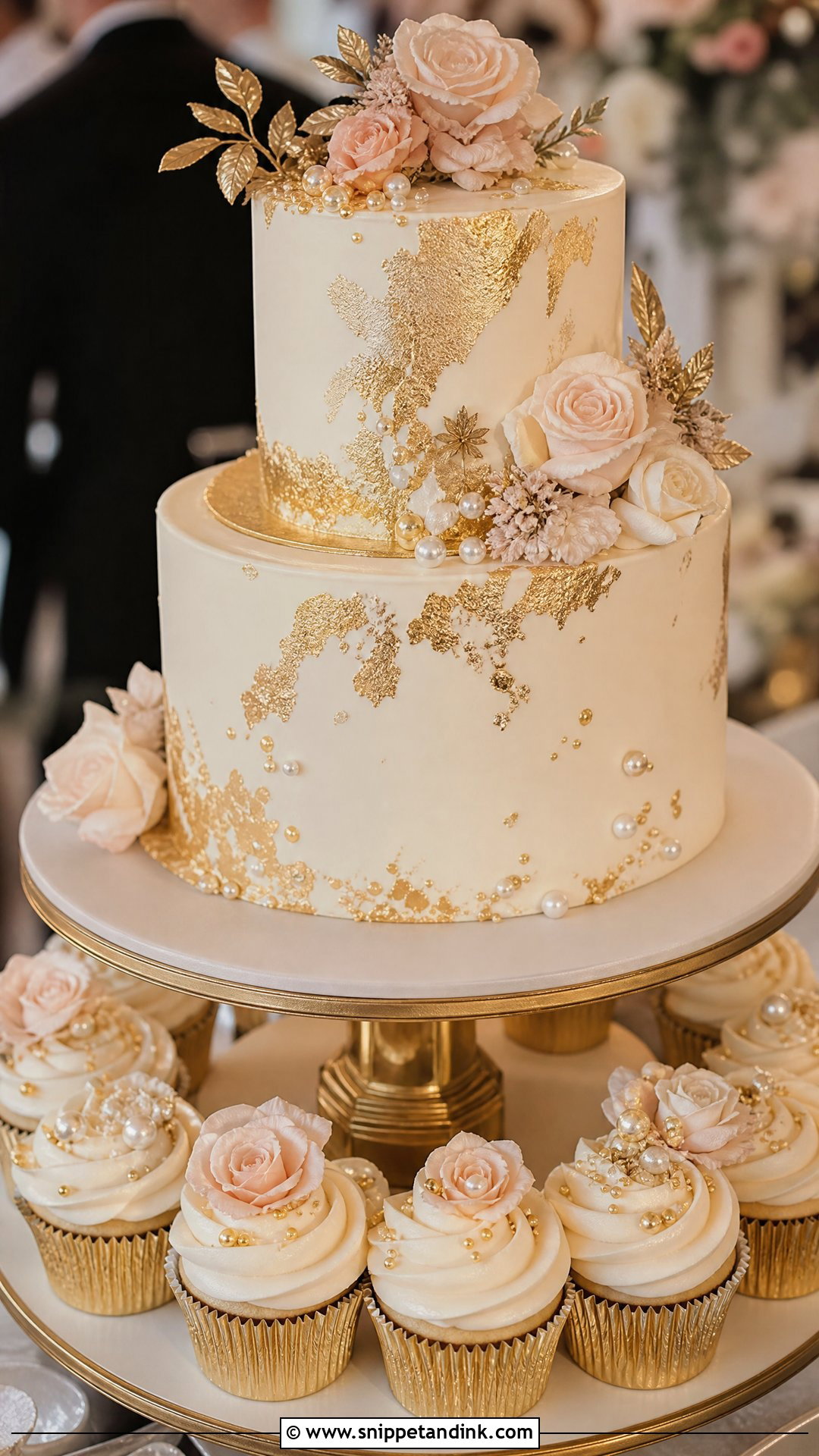 Gold Wedding Cake With Cupcakes - Snippet and Ink - 20 Wedding Cakes with Cupcakes