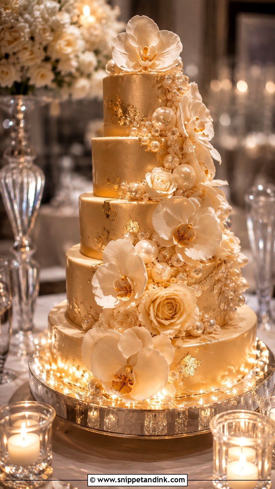 Gold Wedding Cake With Fairy Lights - Snippet and Ink - 20 Wedding Cake Ideas with Fairy Lights