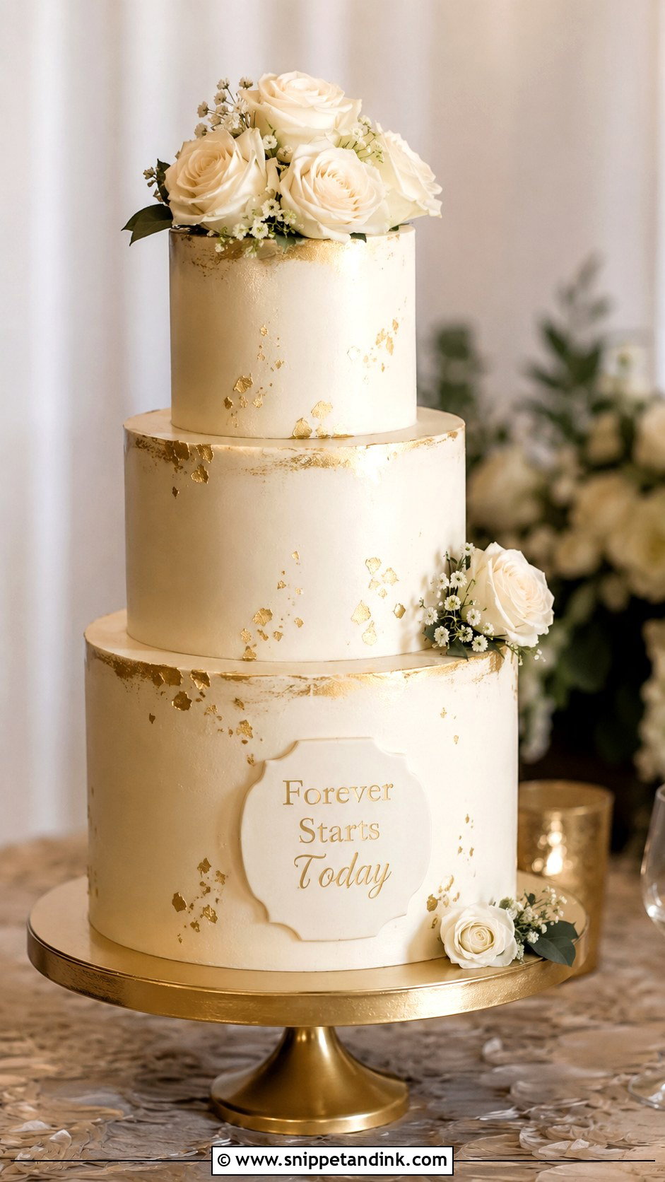 Gold Wedding Cake With Forever Starts Today - Snippet and Ink - 25 Wedding Cake Wording Ideas