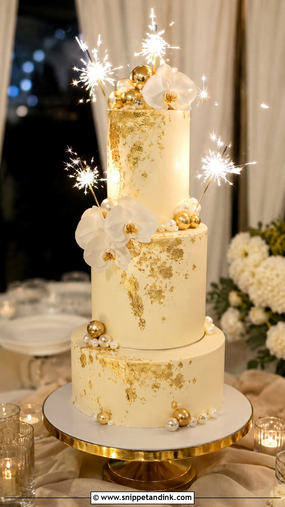 Gold Wedding Cake With Sparklers - Snippet and Ink - 20 Cake Ideas with Sparklers for Wedding