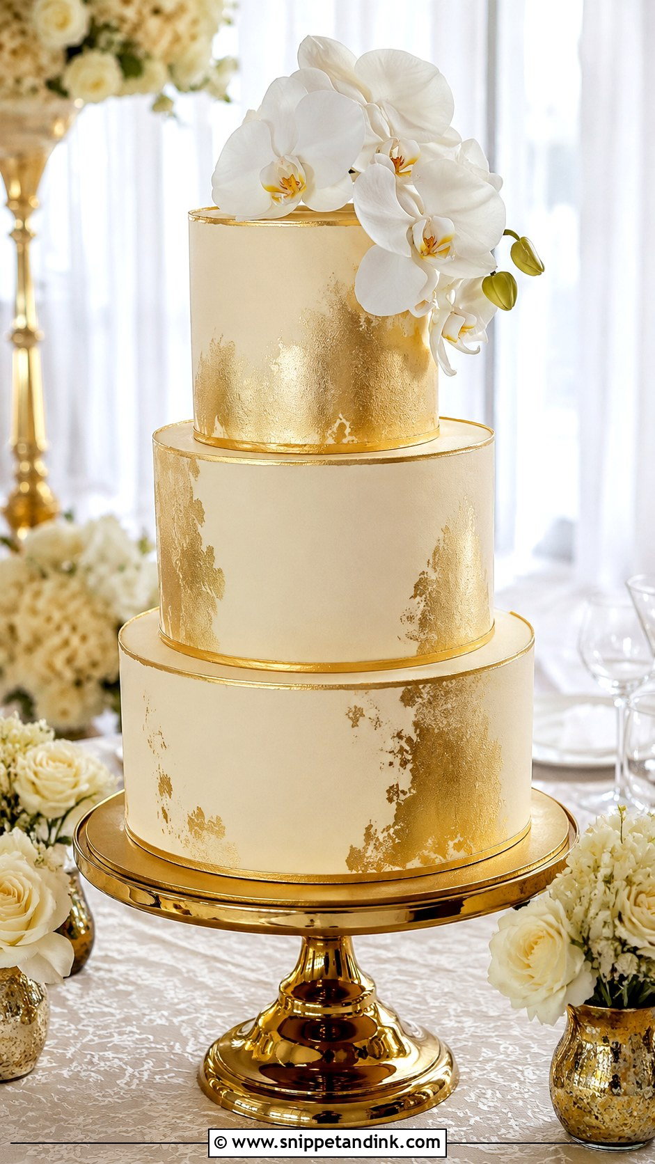 Gold Wedding Cake on Pedestal - Snippet and Ink - 20 Wedding Cake Ideas on Pedestals