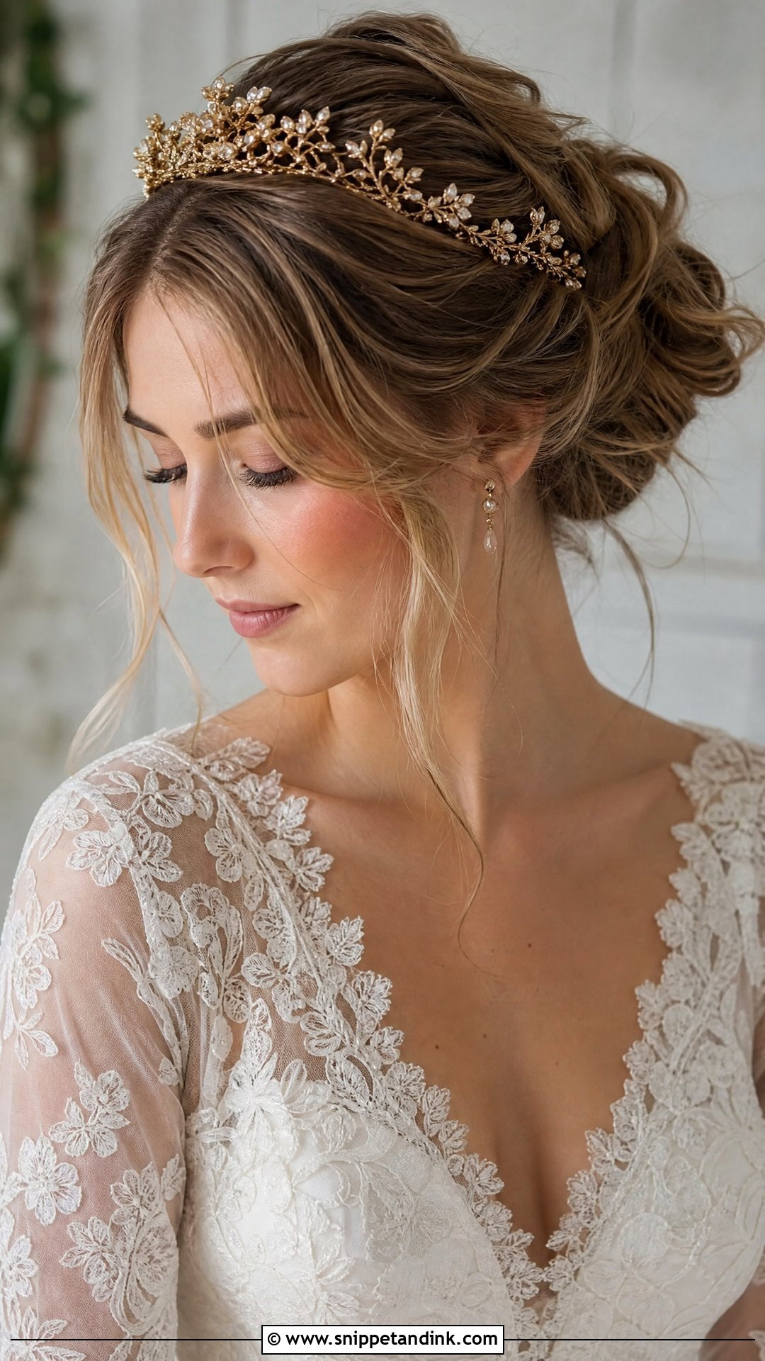 Gold Wedding Crown With Messy Bun - Snippet and Ink - 15 Gold Wedding Hair Piece Ideas