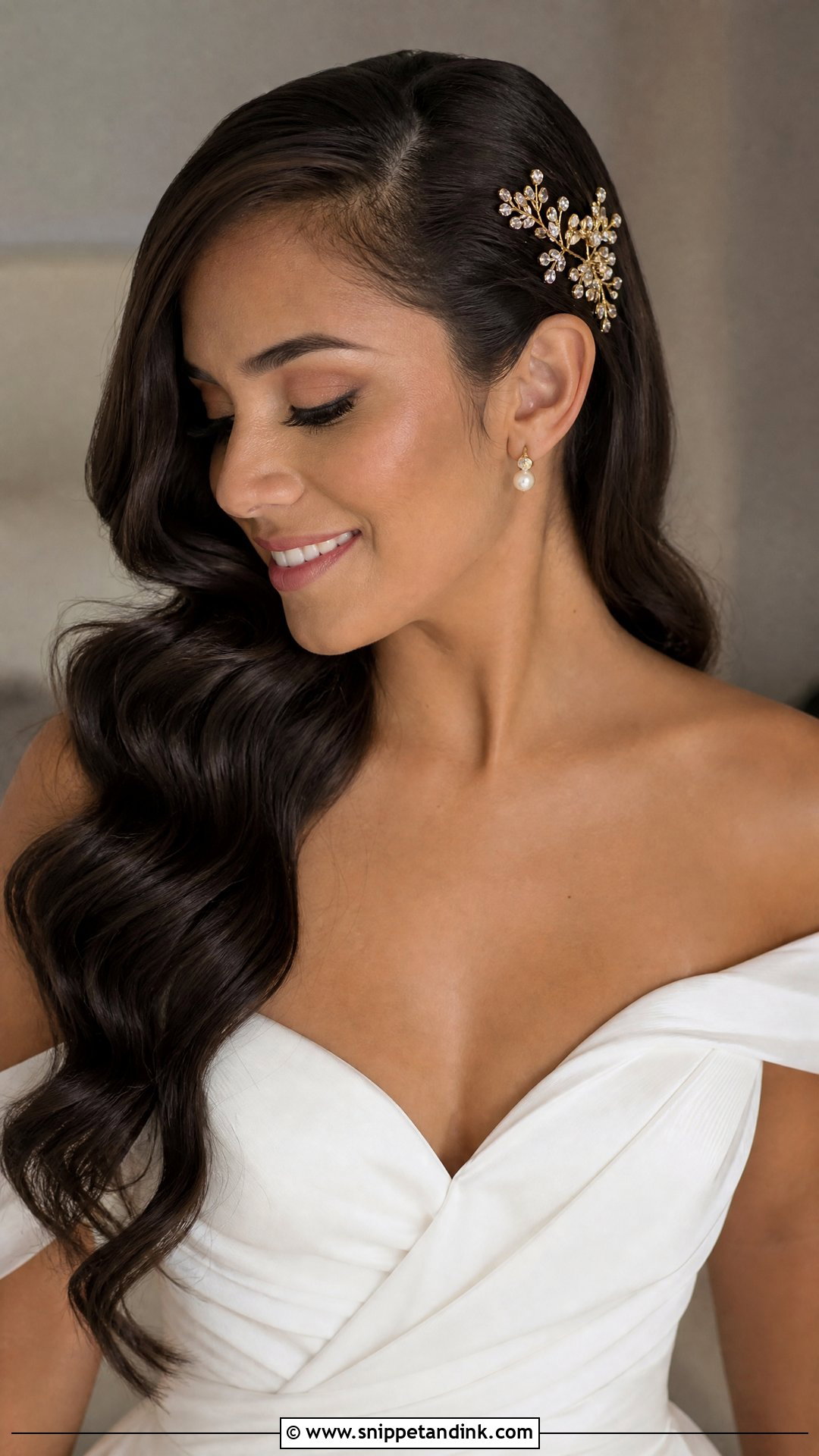 Gold Wedding Hair Pins With Side Swept Waves - Snippet and Ink - 15 Gold Wedding Hair Piece Ideas