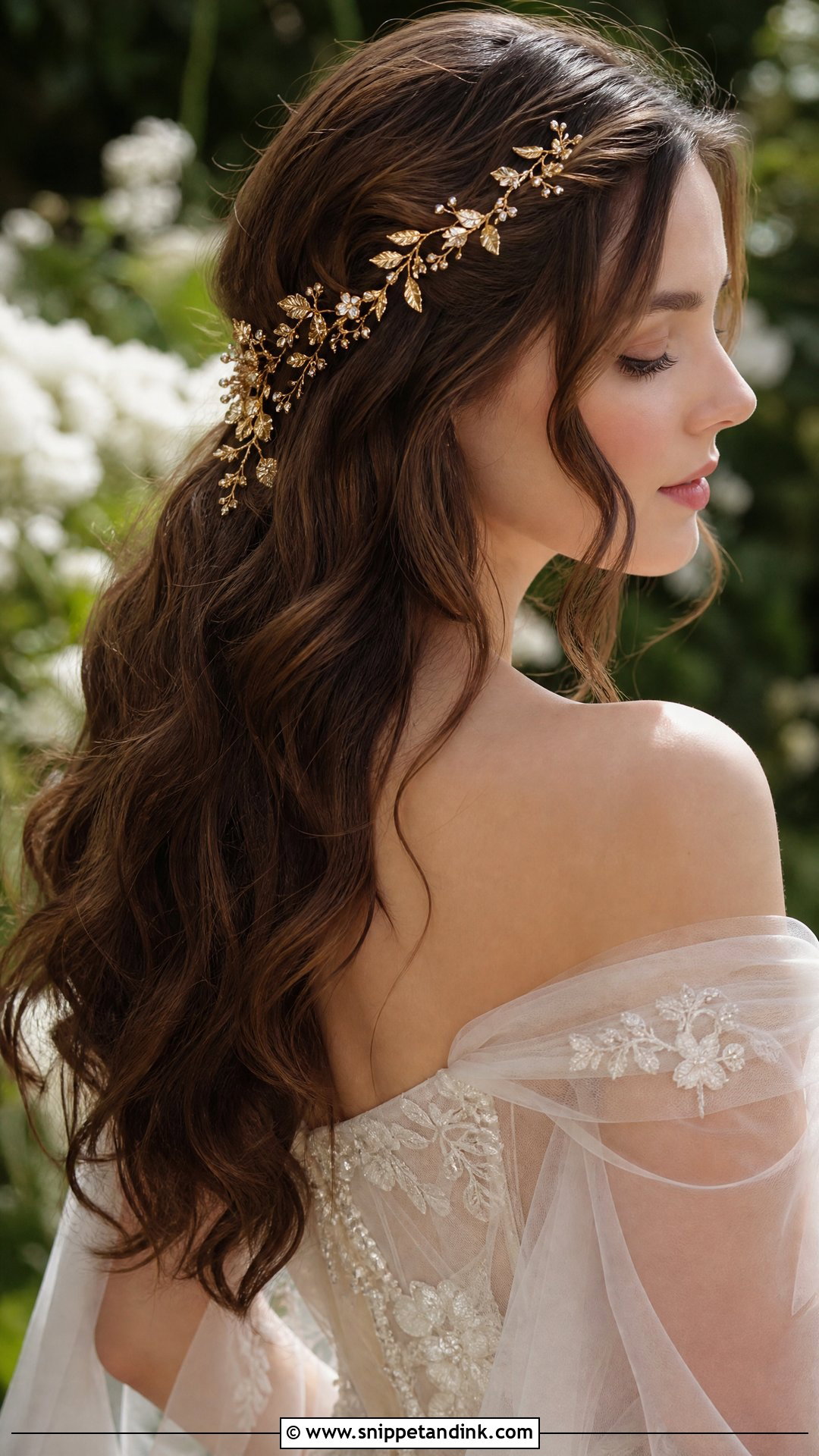 Gold Wedding Hair Vine With Loose Waves - Snippet and Ink - 15 Gold Wedding Hair Piece Ideas