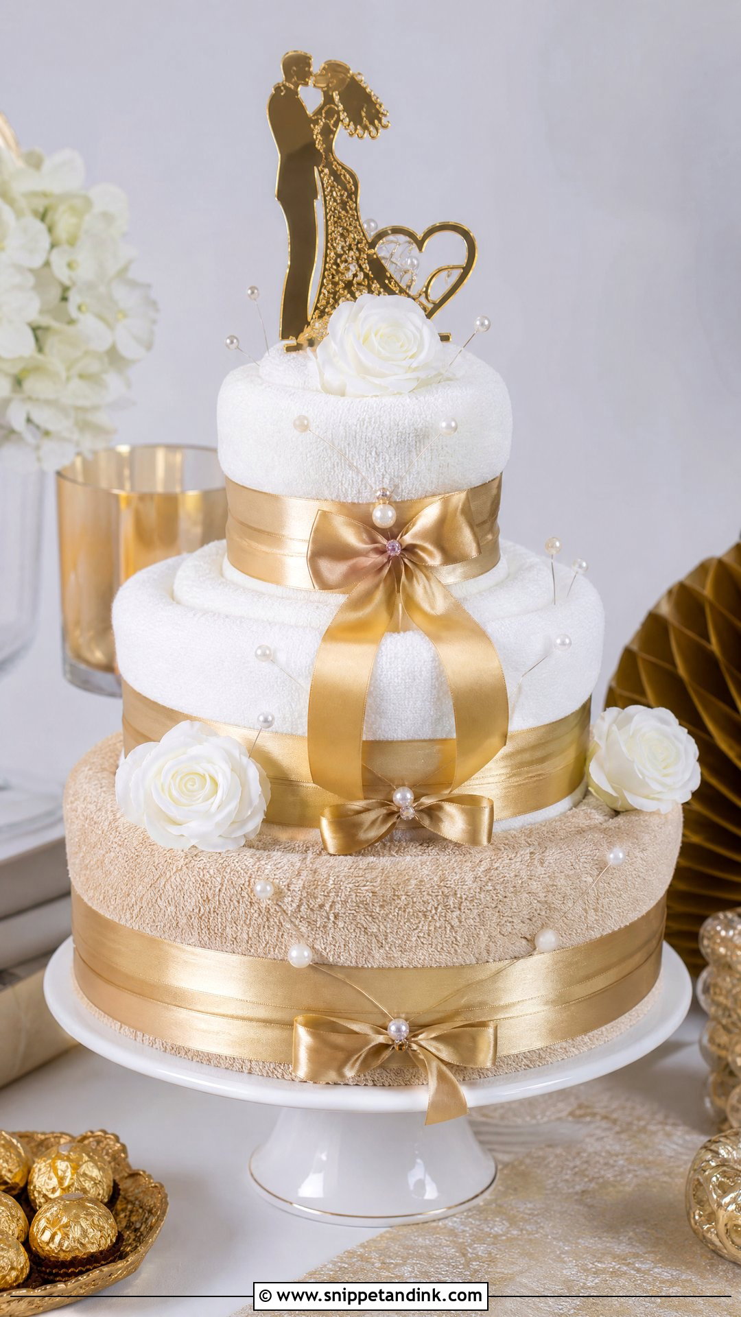 Gold Wedding Towel Cake - Snippet and Ink - 20 Wedding Towel Cakes