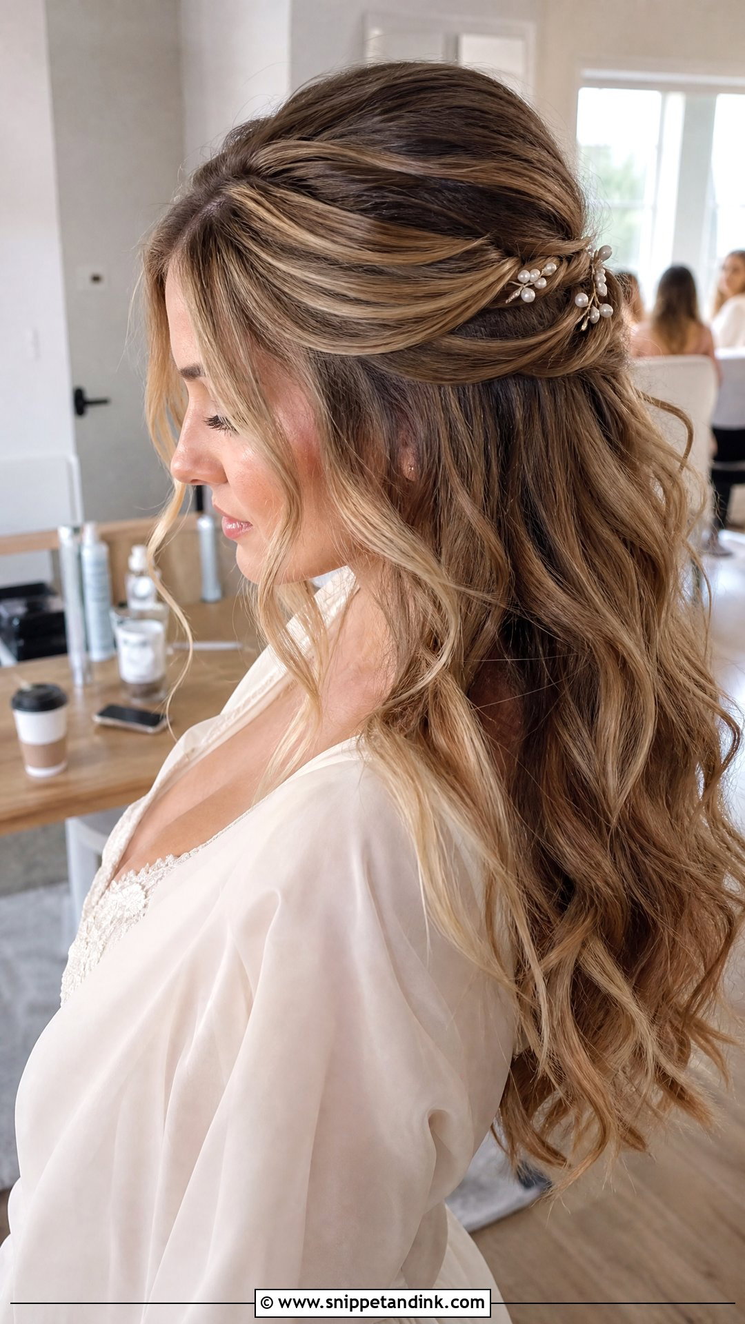 Golden Balayage Bridal Half Up Hair - Snippet and Ink - 15 Bridal Hair Color Balayage Ideas