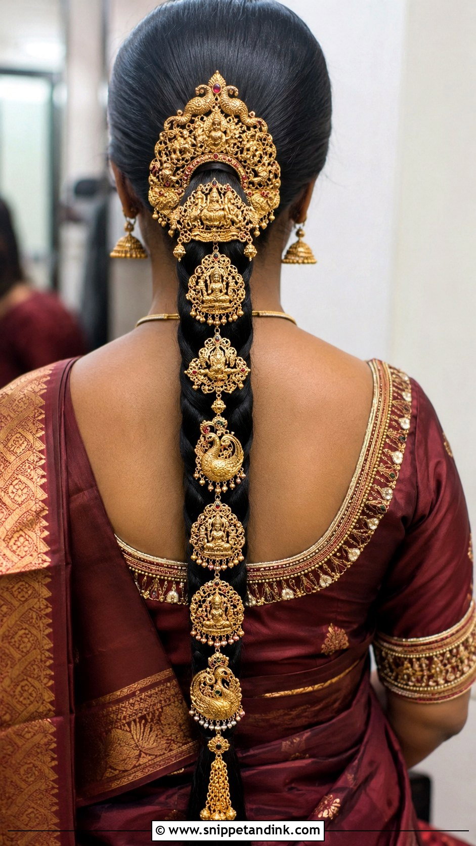 Golden Jada Billa Braid - Snippet and Ink - 25 South Indian Bride Engagement Hairstyle Ideas