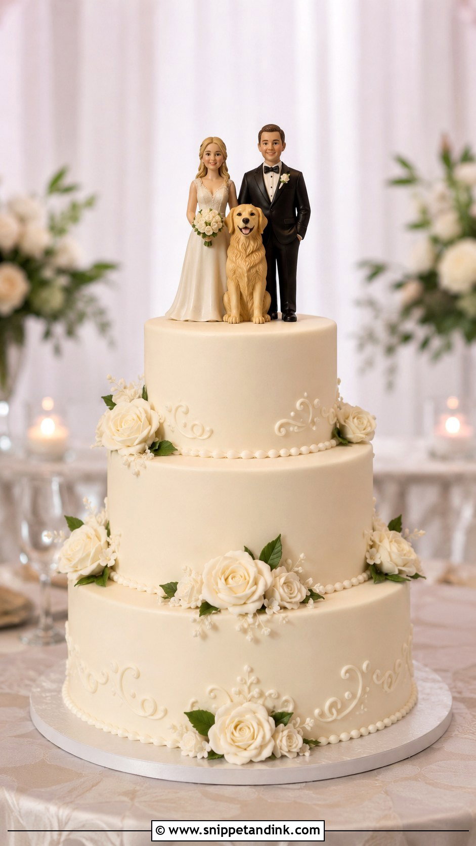 Golden Retriever Wedding Cake With Bride And Groom Topper - Snippet and Ink - 20 Golden Retriever Wedding Cake Ideas