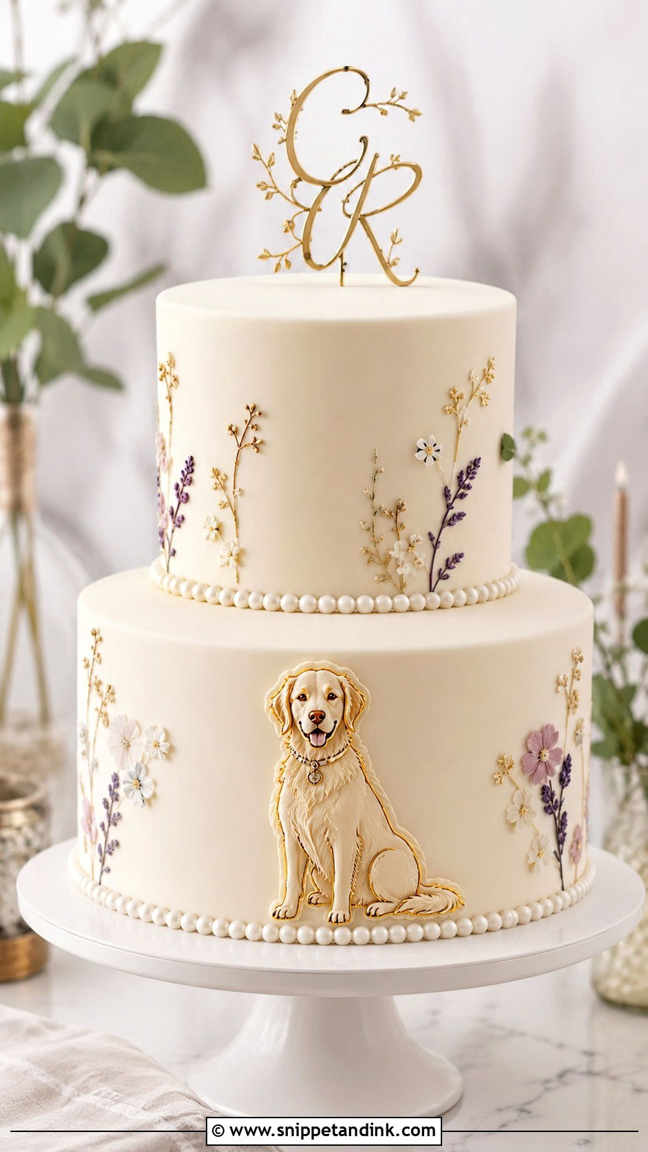Golden Retriever Wedding Cake With Dog Cake Charm - Snippet and Ink - 20 Golden Retriever Wedding Cake Ideas