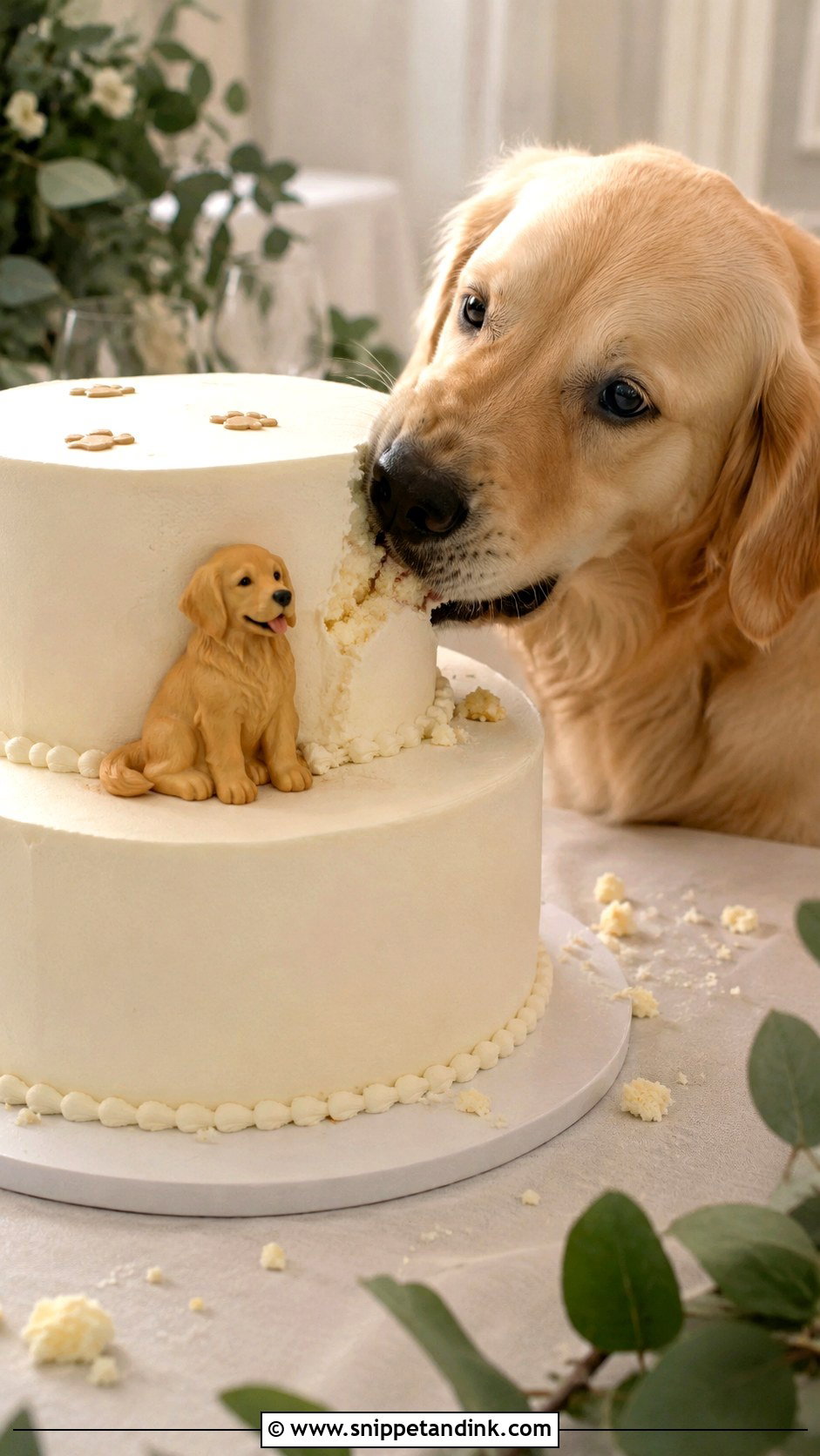 Golden Retriever Wedding Cake With Dog Eating Cake - Snippet and Ink - 20 Golden Retriever Wedding Cake Ideas
