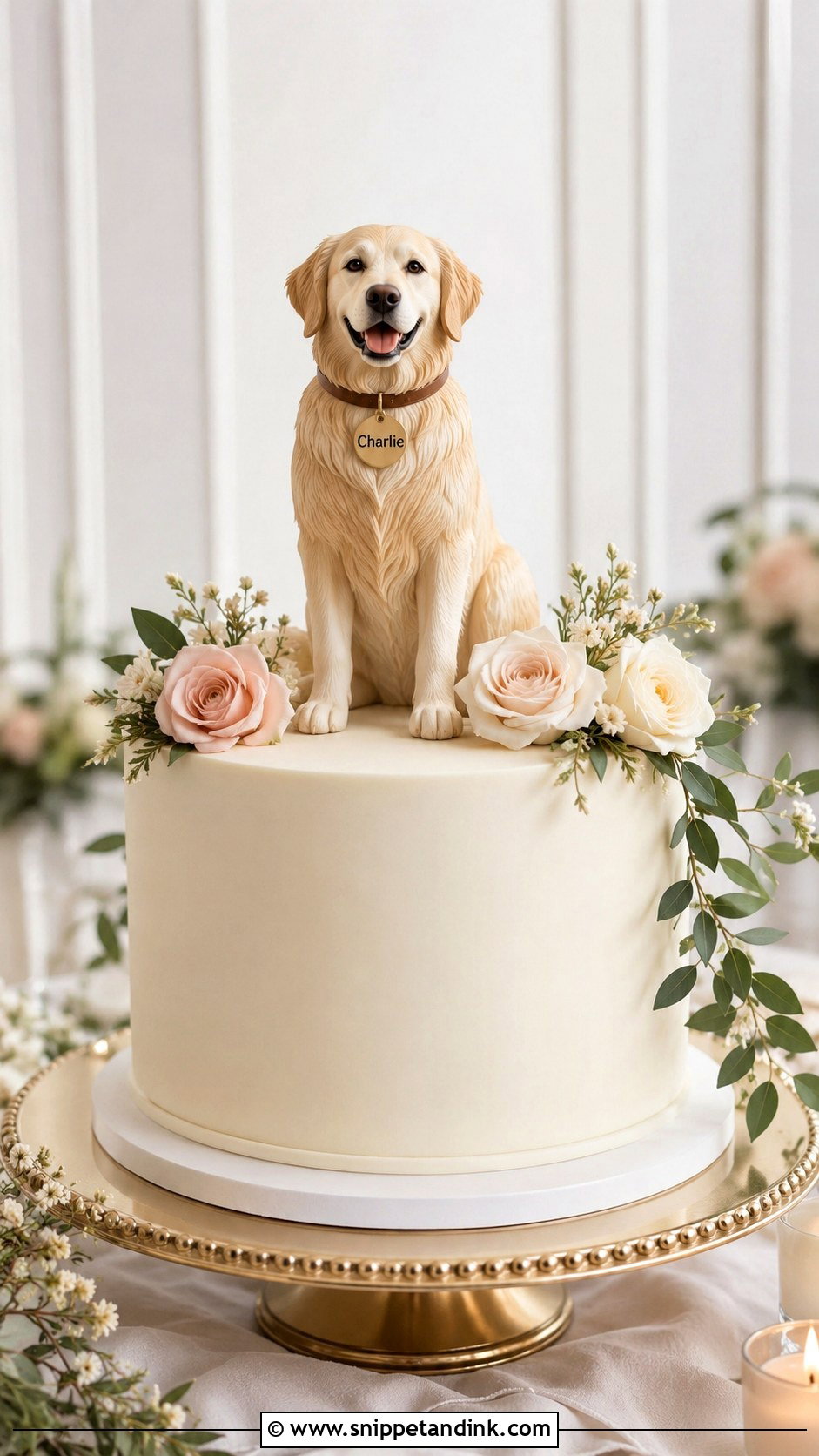 Golden Retriever Wedding Cake With Dog Name Tag - Snippet and Ink - 20 Golden Retriever Wedding Cake Ideas