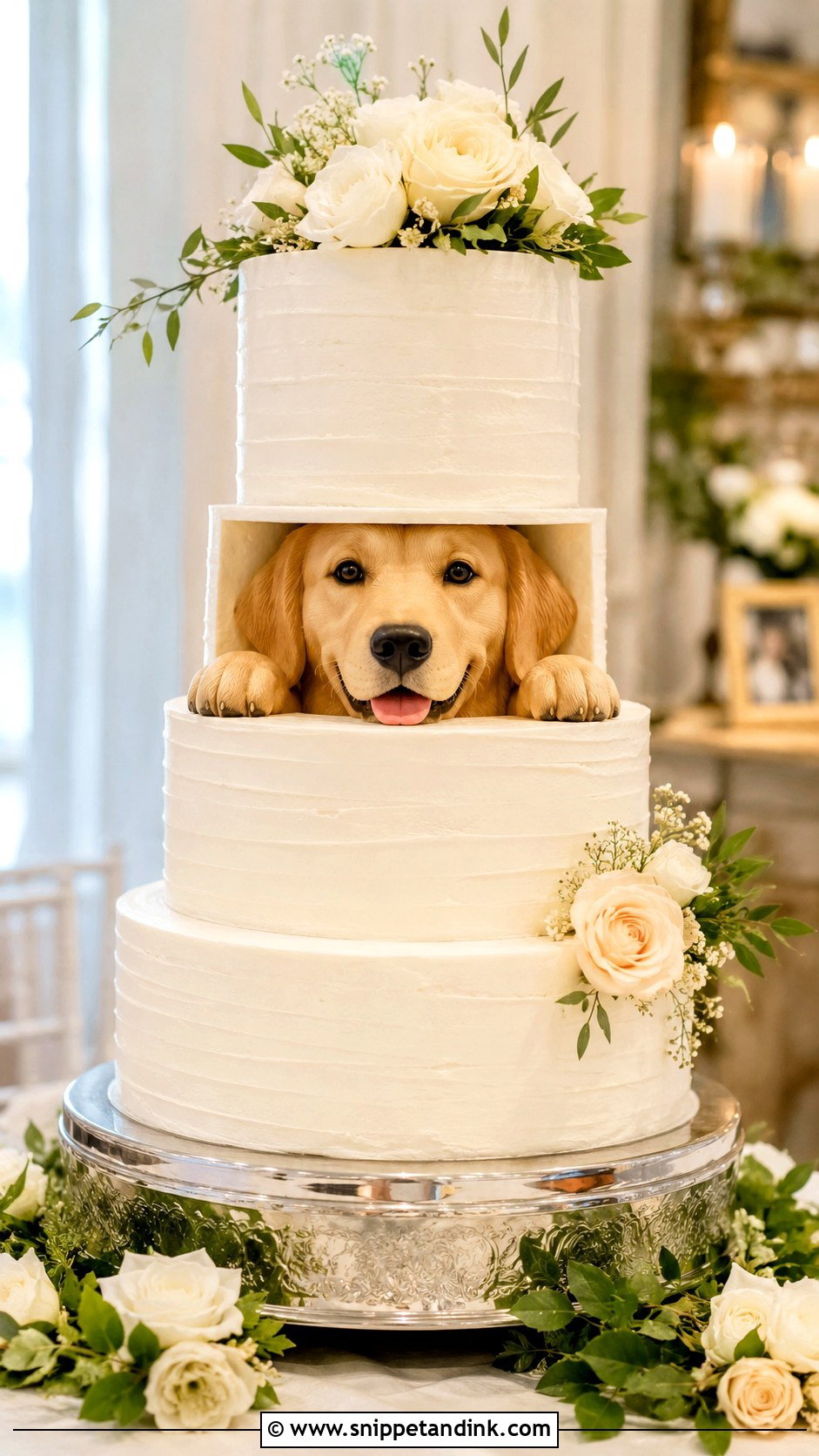 Golden Retriever Wedding Cake With Dog Peeking Out - Snippet and Ink - 20 Golden Retriever Wedding Cake Ideas