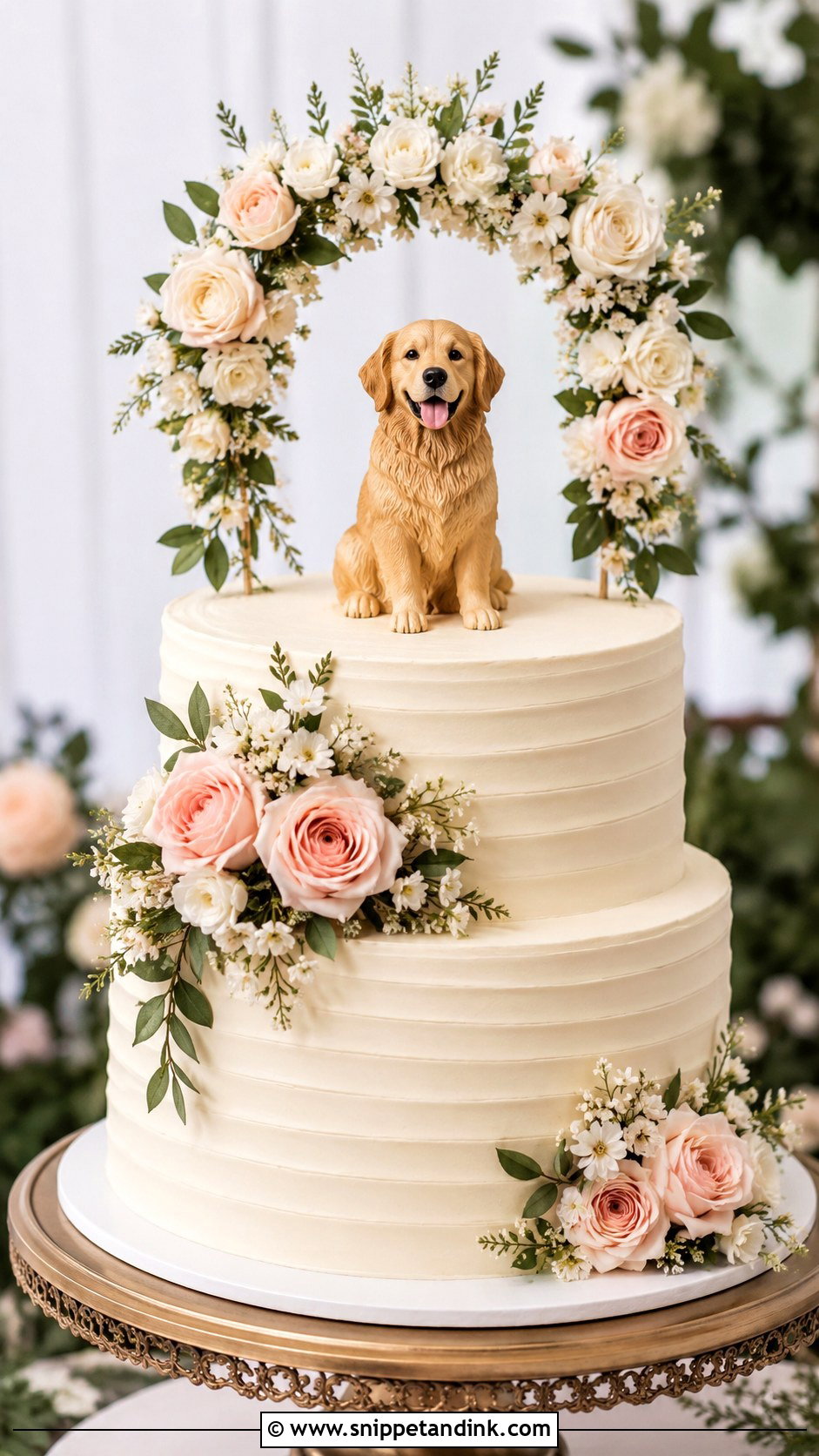 Golden Retriever Wedding Cake With Floral Arch Topper - Snippet and Ink - 20 Golden Retriever Wedding Cake Ideas