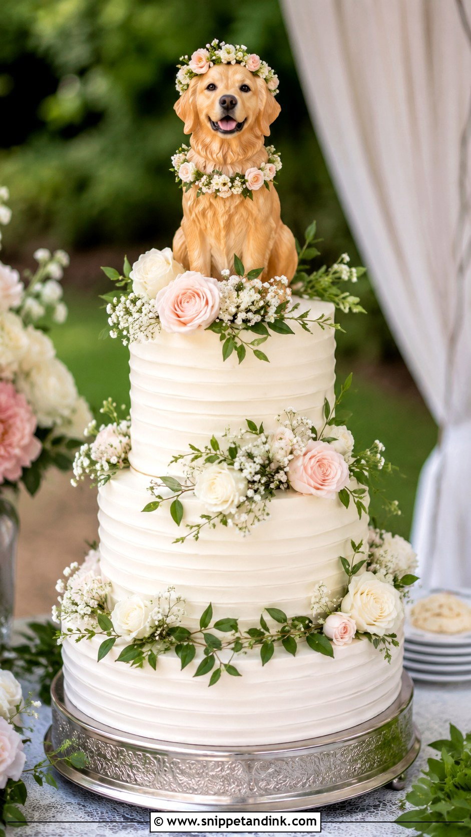 Golden Retriever Wedding Cake With Floral Collar - Snippet and Ink - 20 Golden Retriever Wedding Cake Ideas