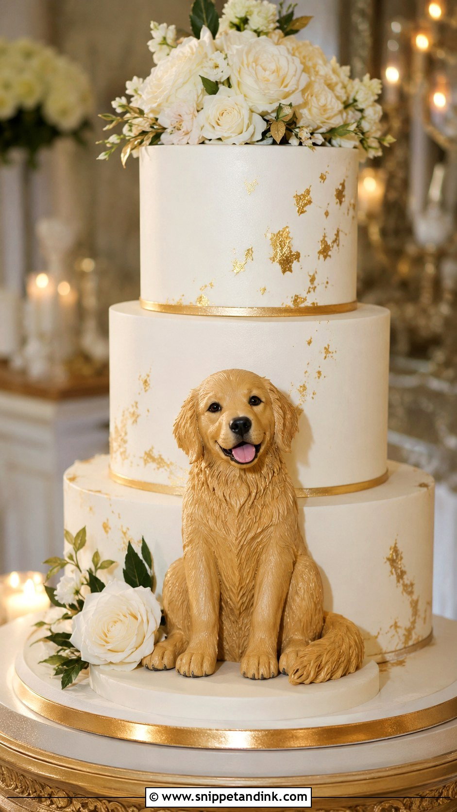 Golden Retriever Wedding Cake With Gold Details - Snippet and Ink - 20 Golden Retriever Wedding Cake Ideas