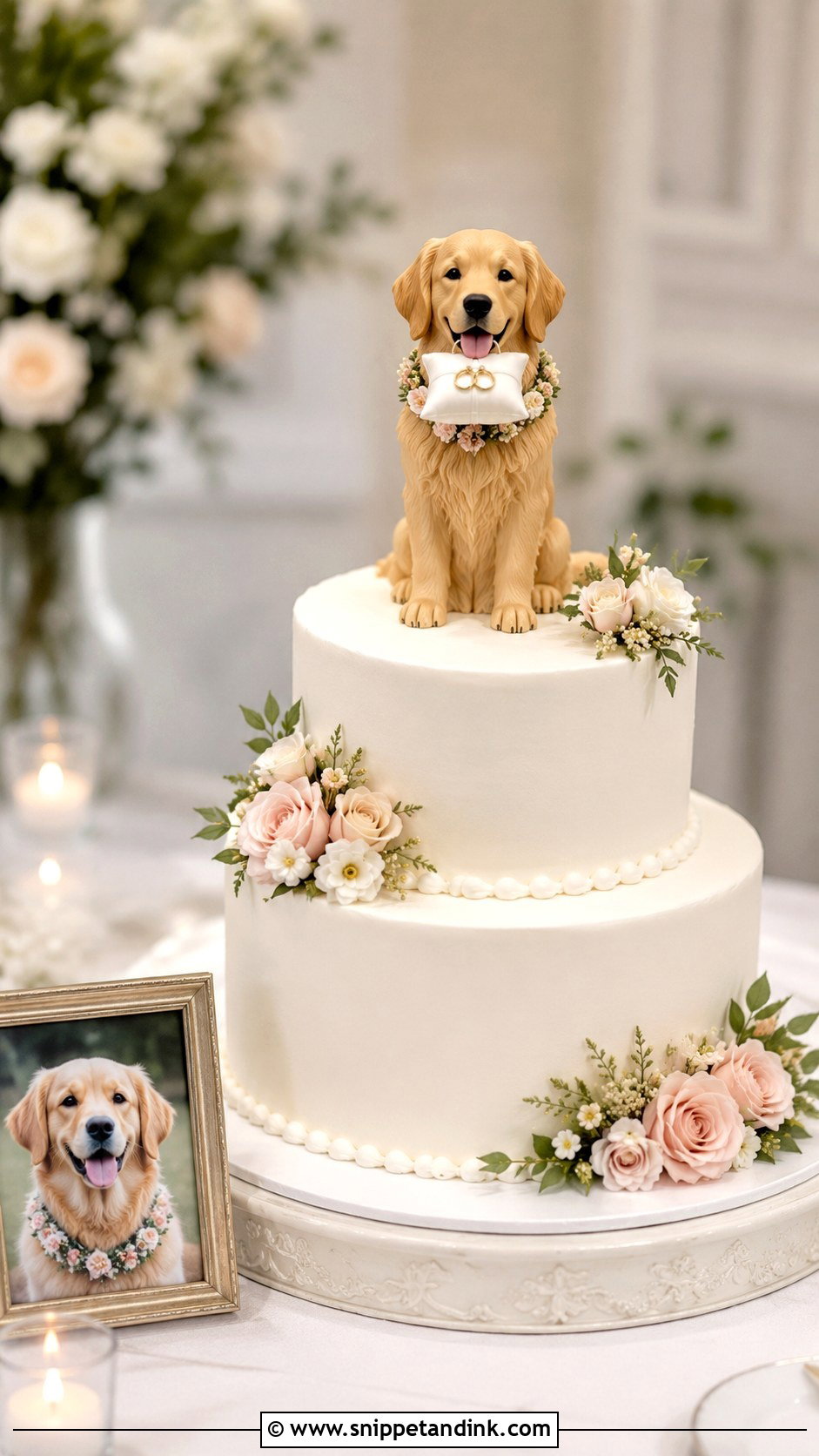 Golden Retriever Wedding Cake With Ring Bearer Dog - Snippet and Ink - 20 Golden Retriever Wedding Cake Ideas
