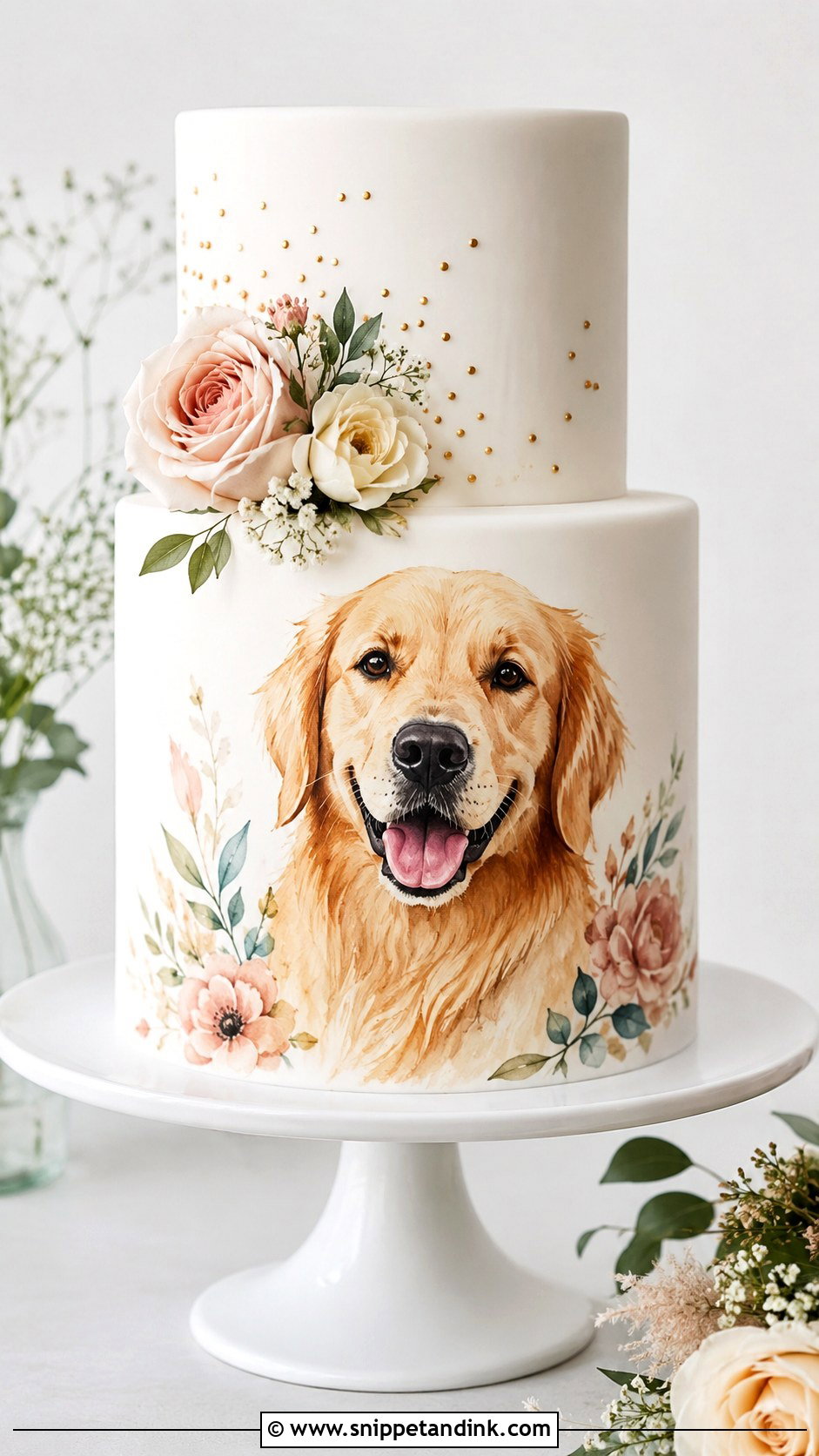 Golden Retriever Wedding Cake With Watercolor Dog Portrait - Snippet and Ink - 20 Golden Retriever Wedding Cake Ideas