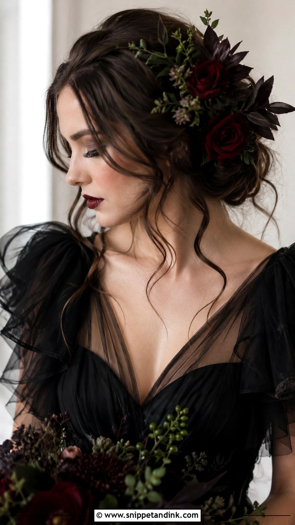 Gothic Bridal Dark Floral Hair - Snippet and Ink - 20 Gothic Bridal Hair Ideas