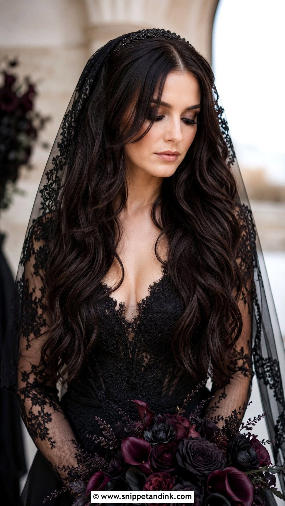 Gothic Bridal Long Waves - Snippet and Ink - 20 Gothic Bridal Hair Ideas