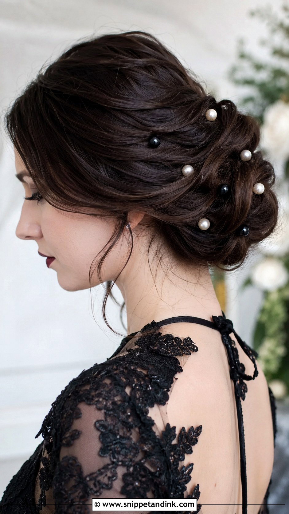 Gothic Bridal Pearl Pin Updo - Snippet and Ink - 20 Gothic Bridal Hair Ideas
