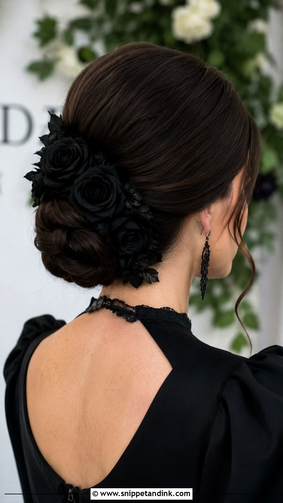 Gothic Chignon With Black Florals - Snippet and Ink - 25 Gothic Wedding Hairstyles
