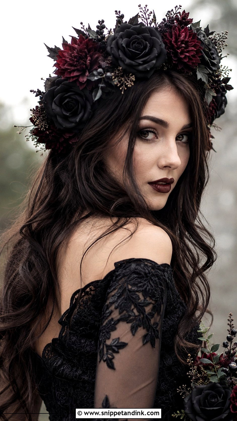 Gothic Flower Crown With Loose Hair - Snippet and Ink - 20 Gothic Wedding Hair Ideas