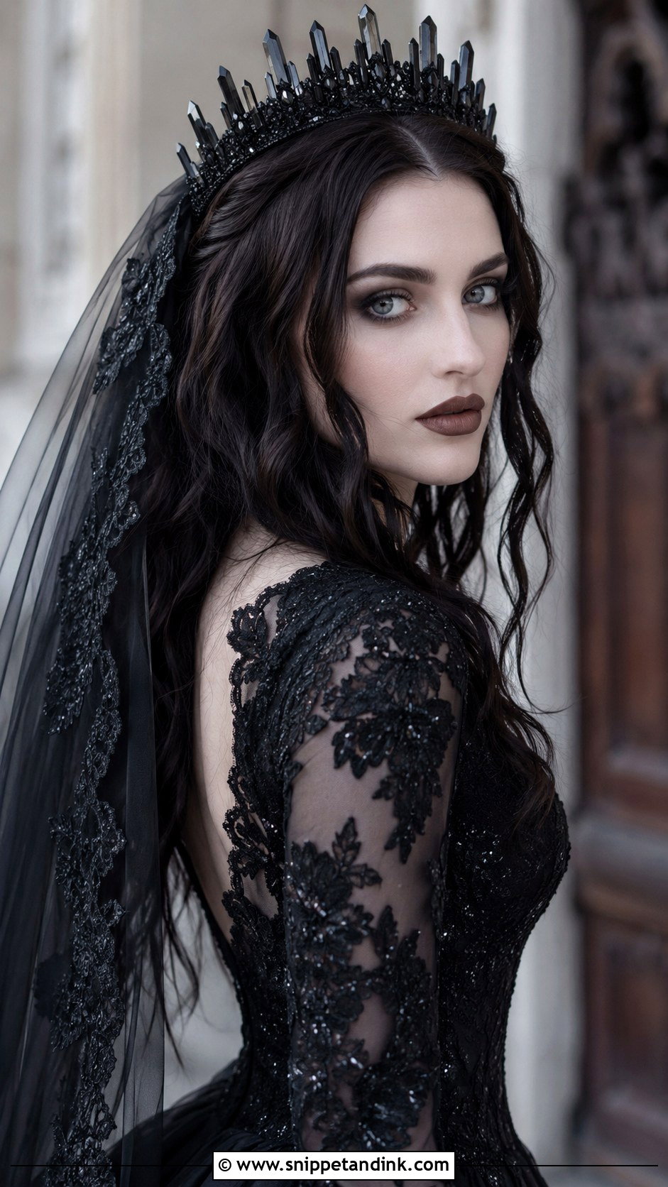 Gothic Hair With Dark Crystal Tiara - Snippet and Ink - 20 Gothic Wedding Hair Ideas