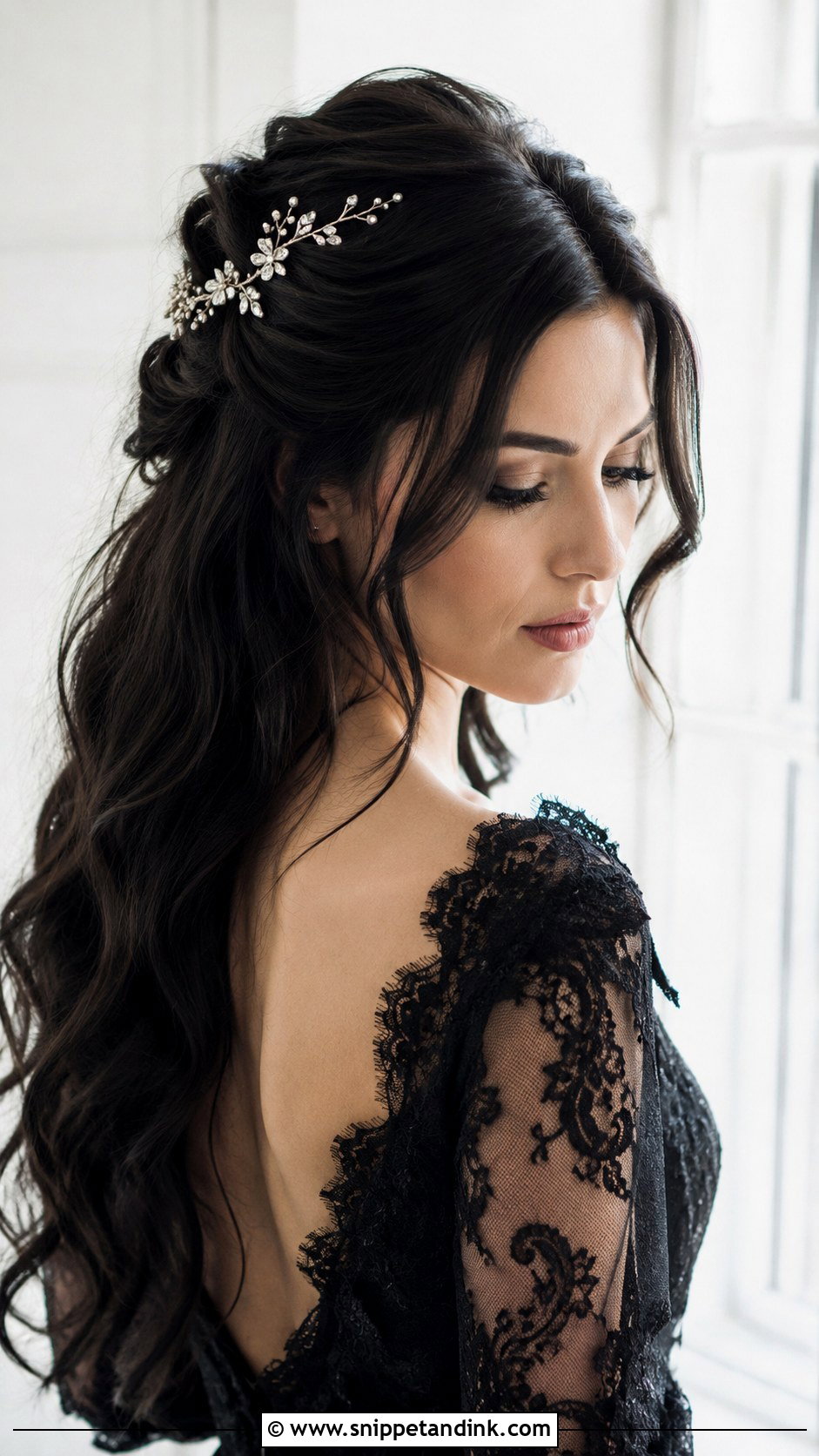 Gothic Half Up Half Down With Crystal Pins - Snippet and Ink - 25 Goth Wedding Hair Ideas