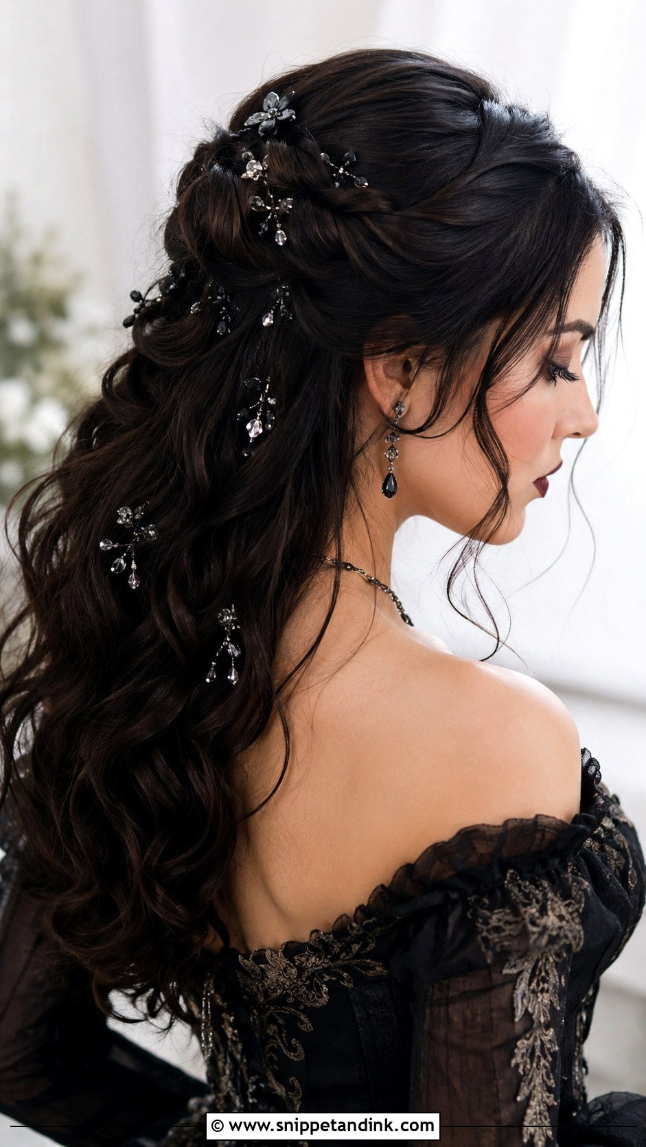 Gothic Half Up With Crystal Pins - Snippet and Ink - 25 Gothic Wedding Hairstyles