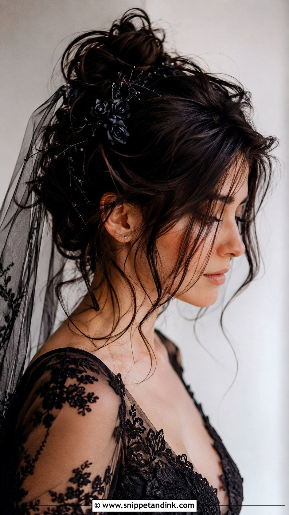 Gothic Messy Bun With Tendrils - Snippet and Ink - 25 Gothic Wedding Hairstyles
